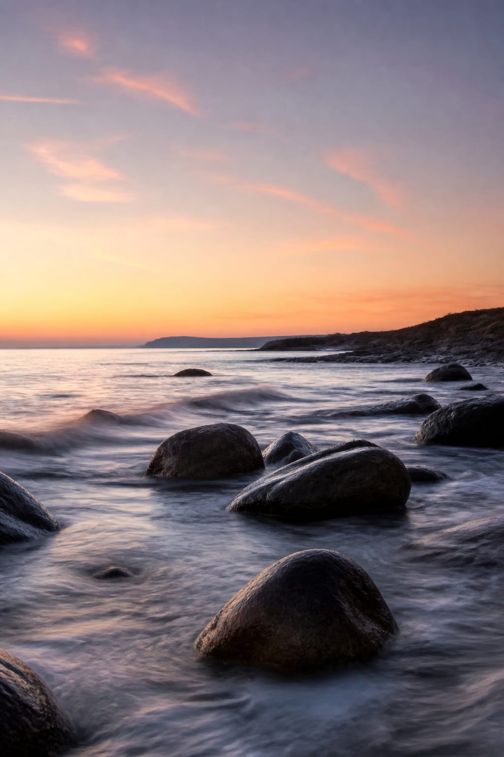 AI-generated coastal dawn with gentle water around dark rocks