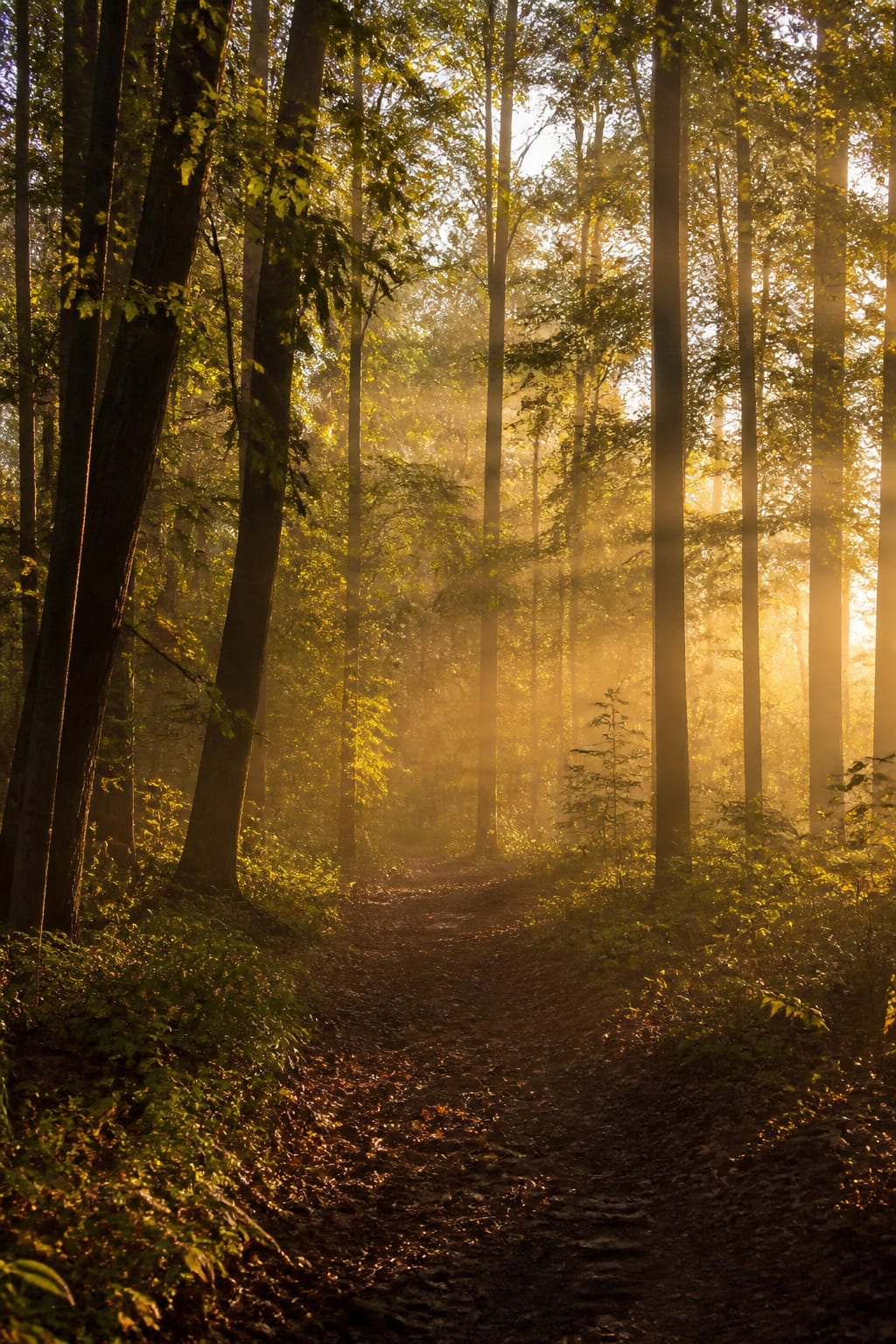 AI-generated forest path crossed by shafts of golden light