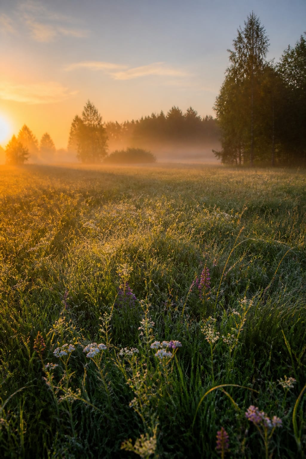 AI-generated misty wildflower meadow in golden morning light