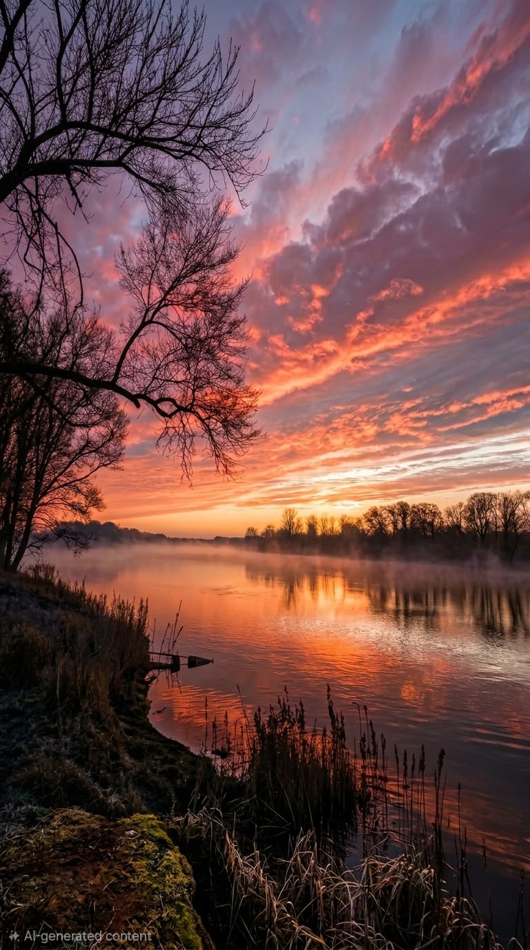A leafless tree frames a misty river reflecting orange and pink sunset clouds, with reeds and a mossy bank. AI-generated artwork.