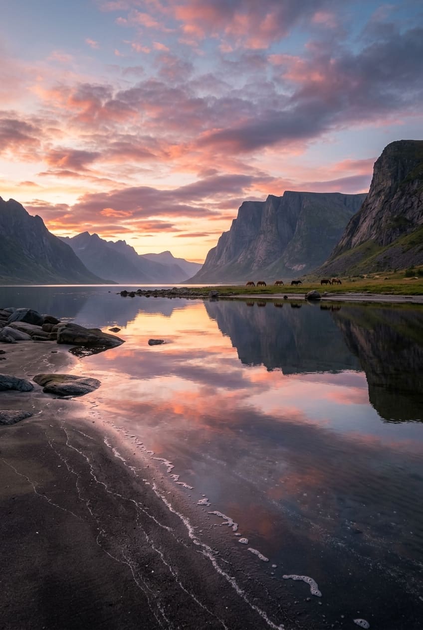 A still fjord between steep mountains reflects a pink and orange sky; horses graze on a grassy bank. AI-generated artwork.