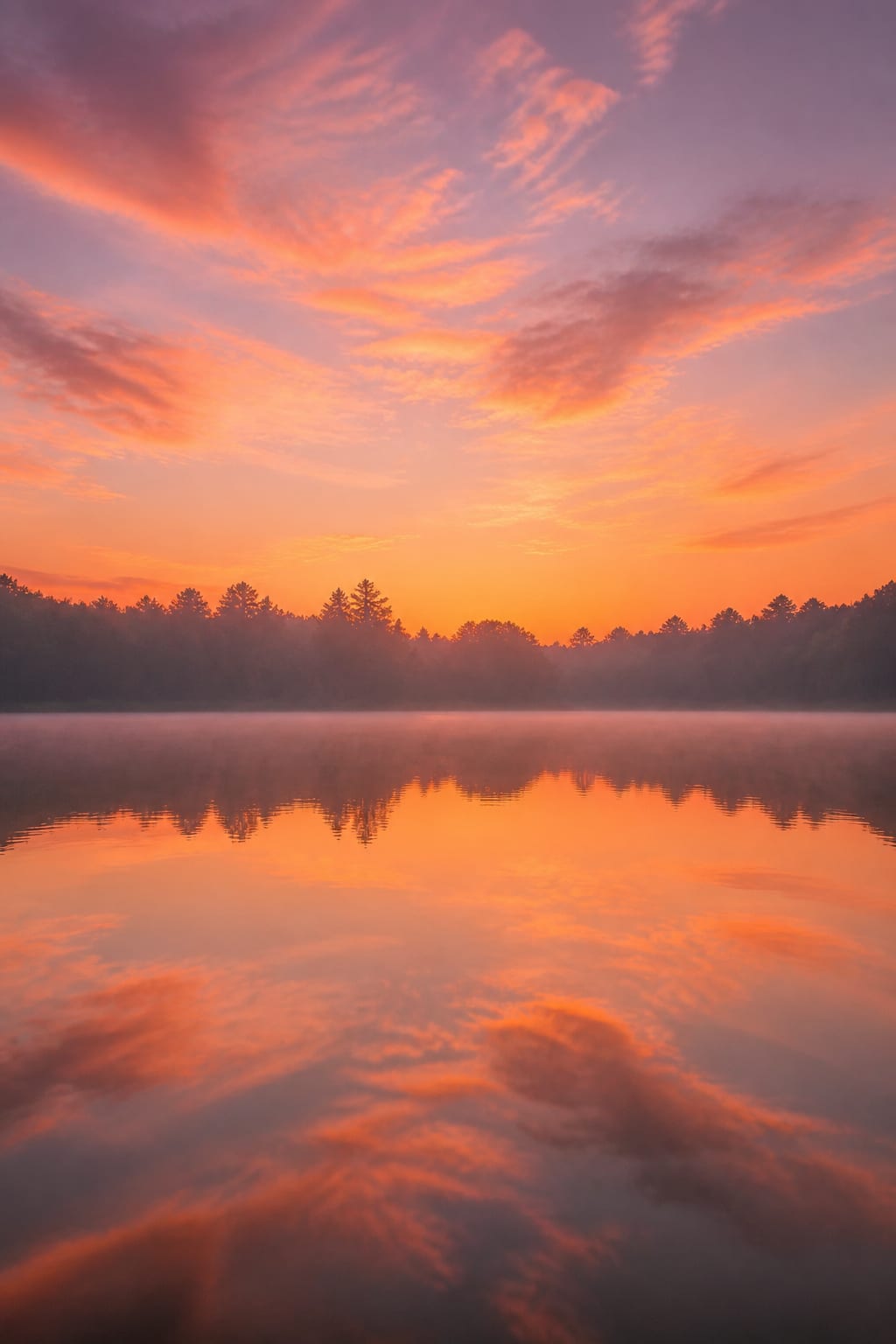 AI-generated calm lake reflecting a warm sunset sky