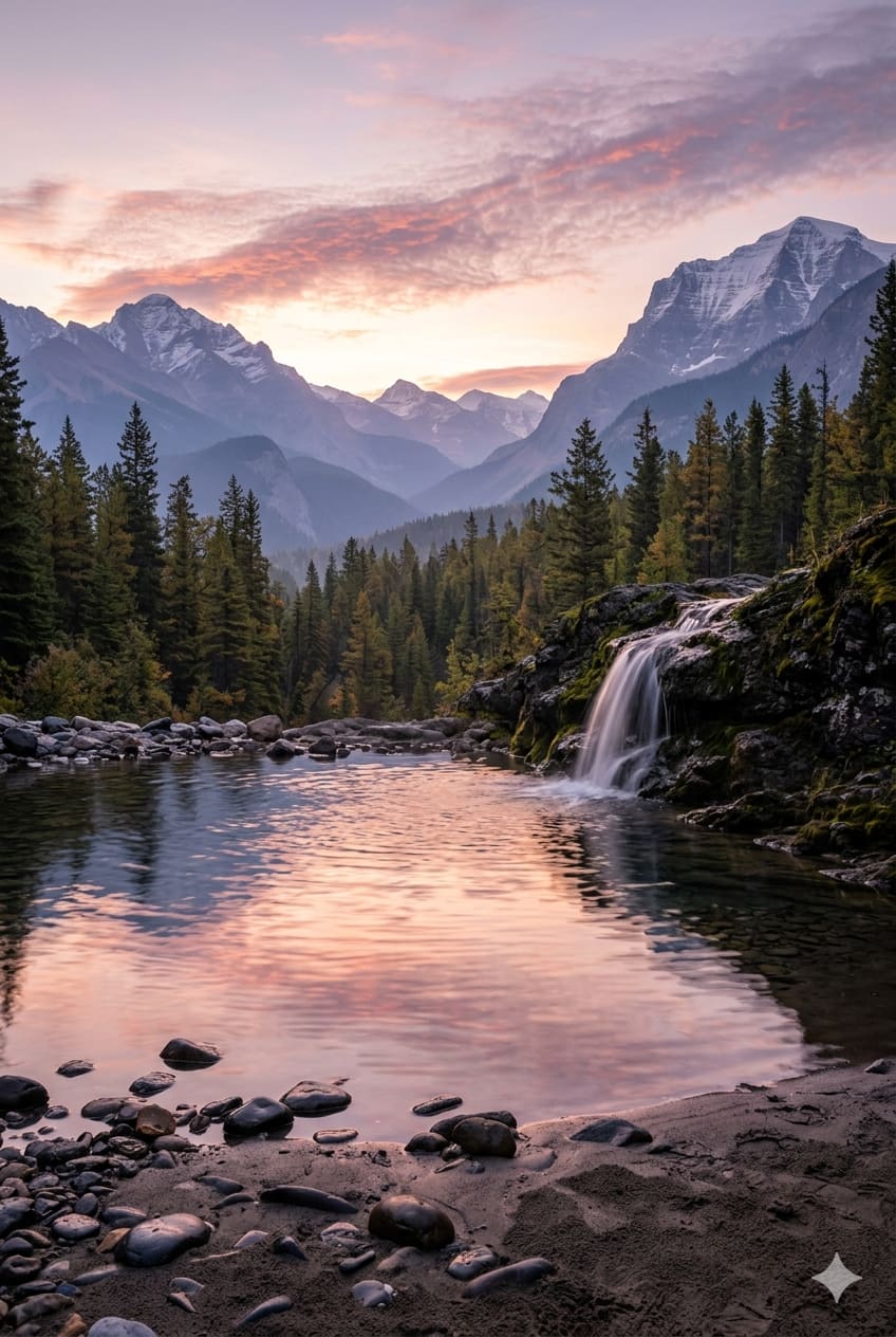 A small waterfall over mossy rocks feeds a still pool reflecting a pink sky, with evergreen forest and snow-capped mountains. AI-generated artwork.