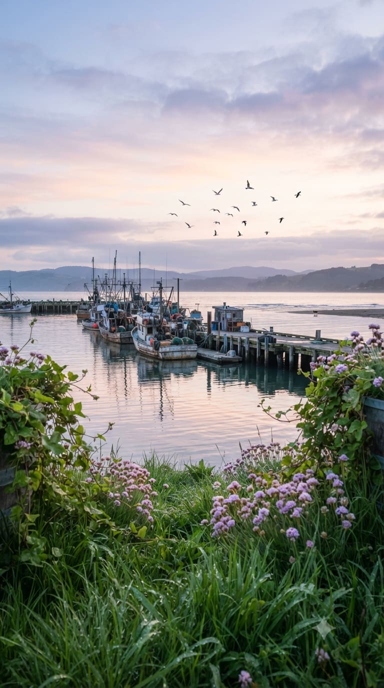 Pink wildflowers look onto fishing boats at a wooden pier in calm water under a pastel sky. AI-generated artwork.