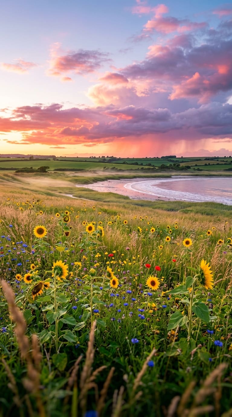 Sunflowers, cornflowers, and poppies slope toward a misty curved beach under a pink and orange sky. AI-generated artwork.