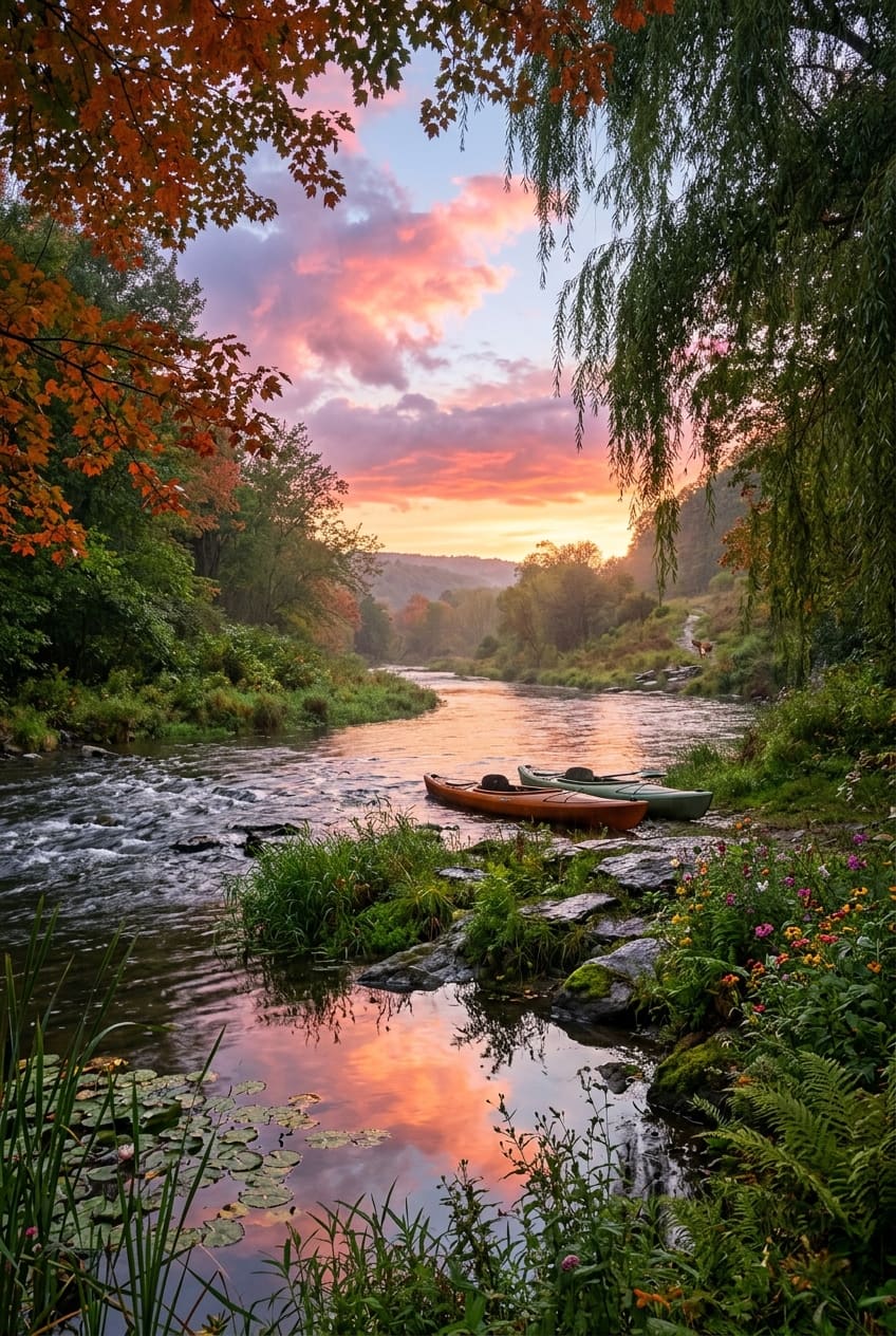 An orange kayak and a green kayak rest on a flowered riverbank beside a sunset-reflecting river. AI-generated artwork.