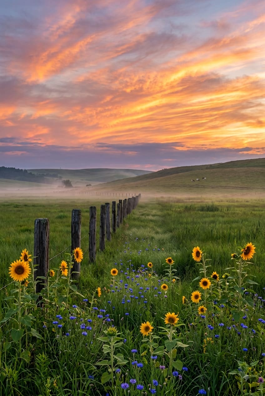 Yellow sunflowers and blue wildflowers sit by a weathered wooden fence under an orange and pink sky. AI-generated artwork.