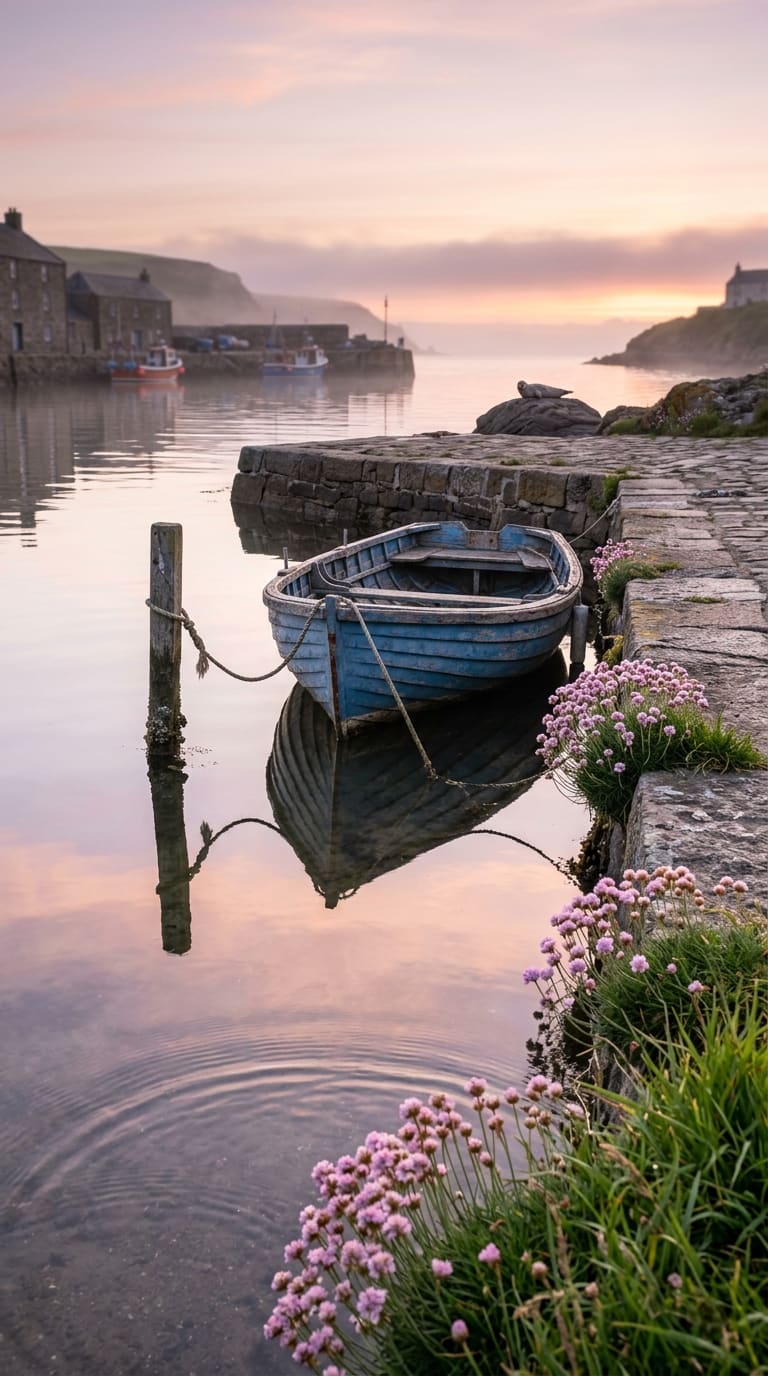 A blue wooden rowboat tied to a post in a calm harbor, with pink flowers on a stone quay. AI-generated artwork.