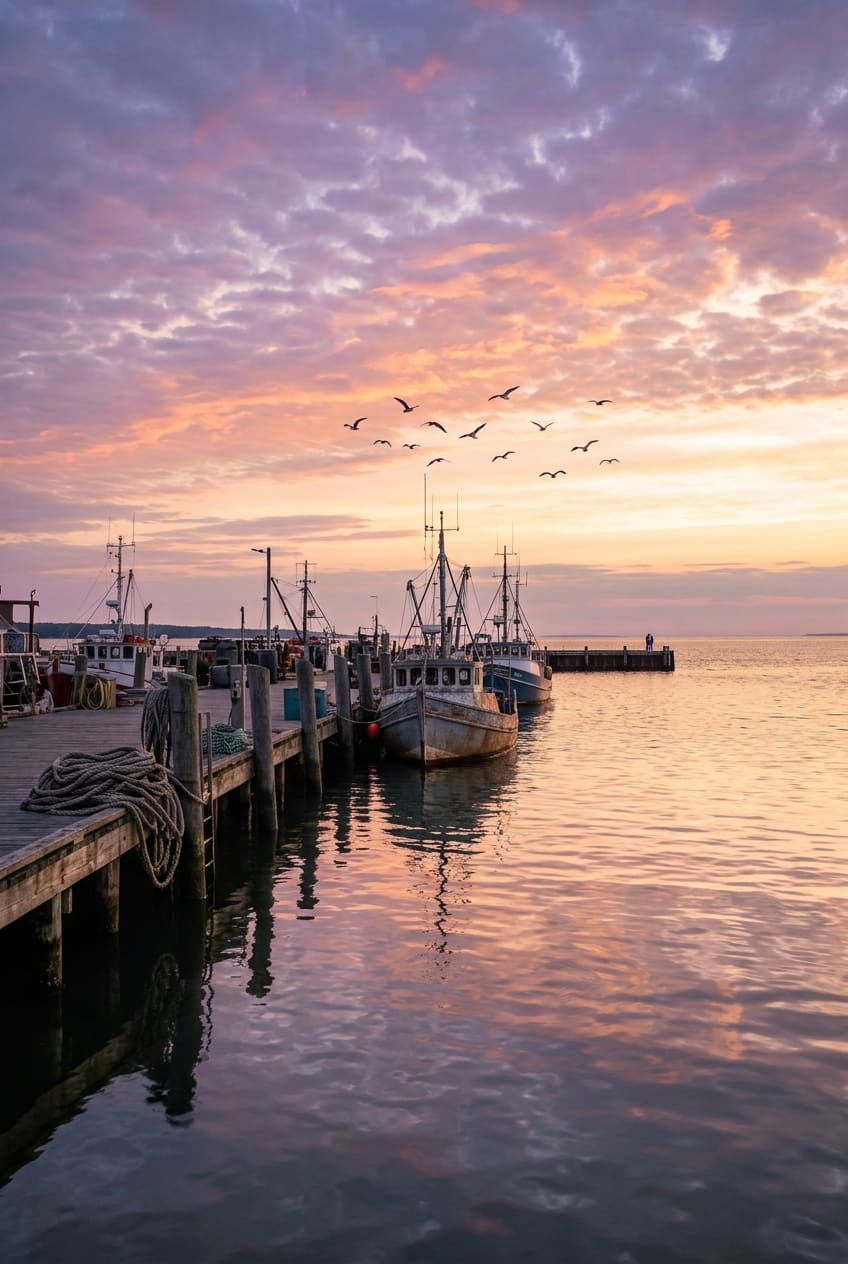 A wooden pier with a coil of rope leads to weathered fishing boats under a pink and orange sky. AI-generated artwork.