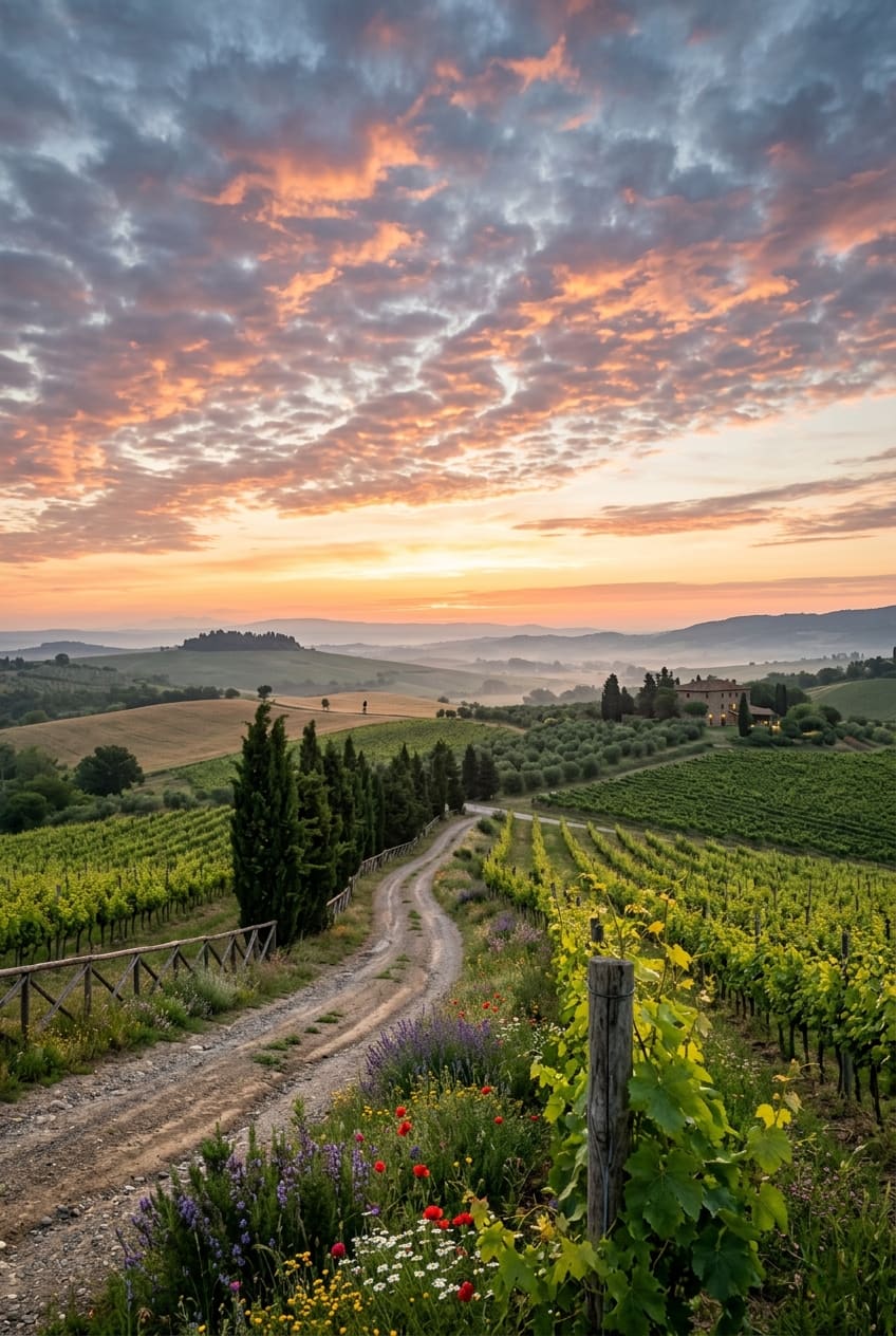 A winding dirt path with wildflowers leads through vineyards and cypress trees toward a stone villa. AI-generated artwork.