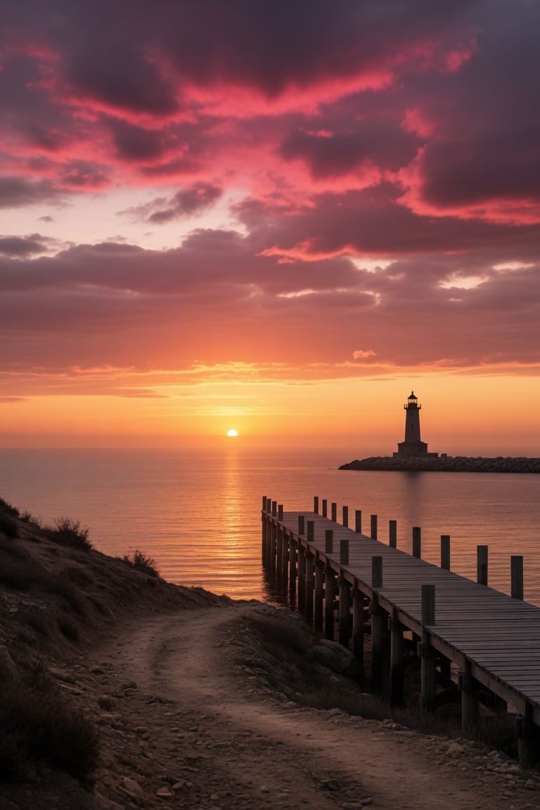 A dirt path beside a wooden pier at sunset, with a small lighthouse on a rocky jetty and magenta clouds. AI-generated artwork.