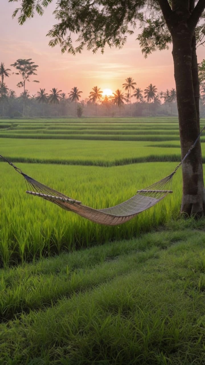 A rope hammock hangs beside a tree above green rice terraces, with palm trees and a low sun. AI-generated artwork.
