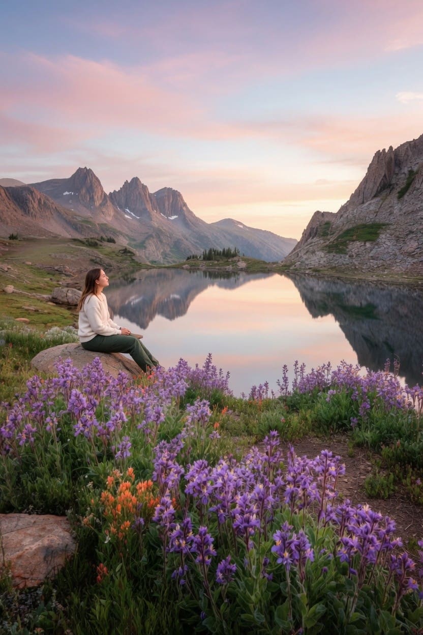 A woman sits on a boulder beside a still lake reflecting mountain peaks, with lupines in the foreground. AI-generated artwork.