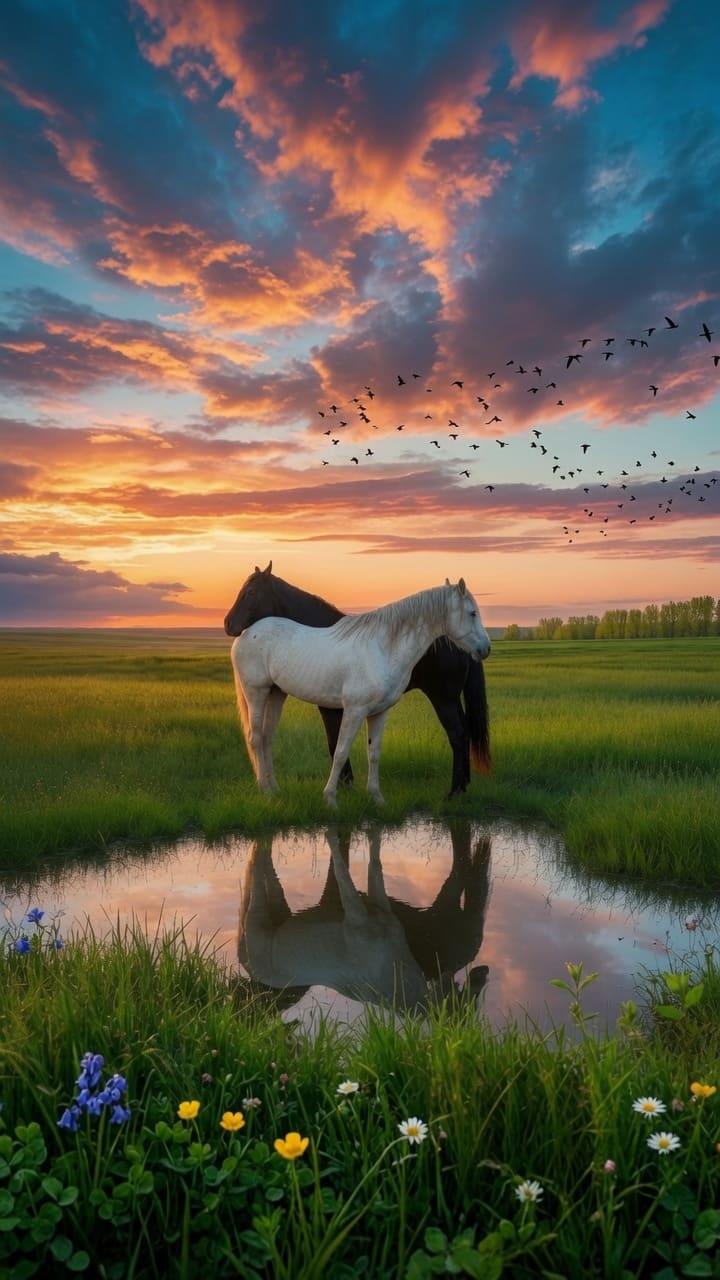 A white horse and a black horse stand in a green field beside a pond reflecting sunset. AI-generated artwork.