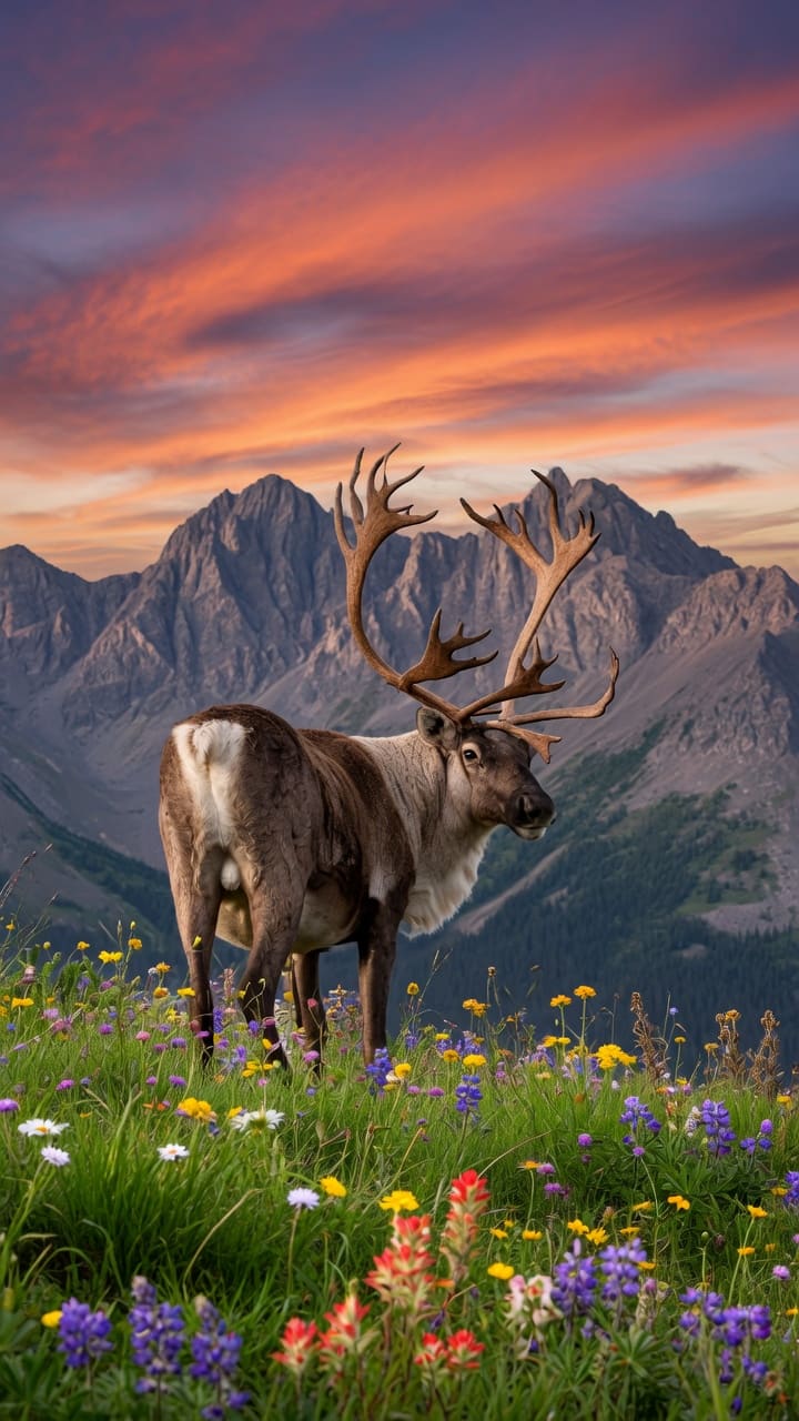 A caribou with large antlers stands in a meadow of purple, yellow, and red wildflowers under sunset clouds. AI-generated artwork.