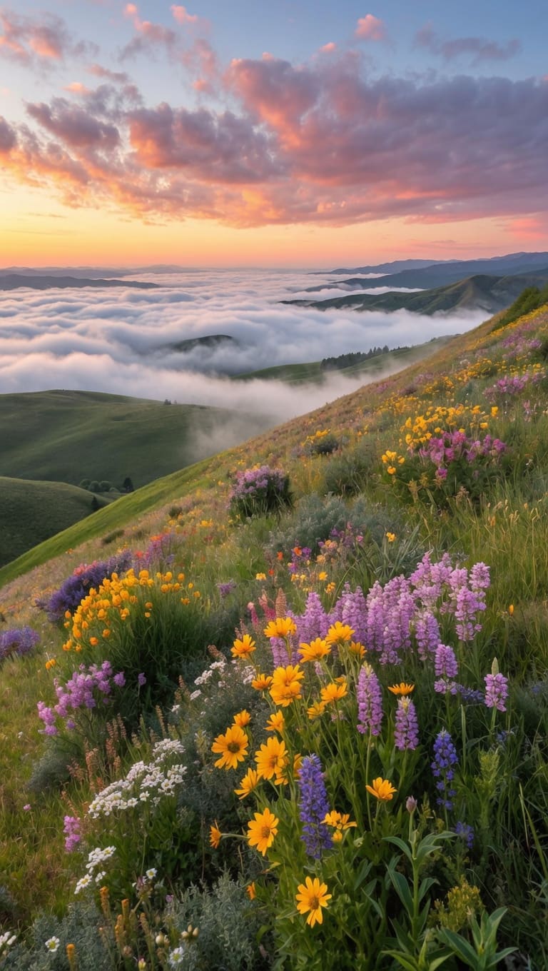 A hillside of purple lupines and yellow daisies overlooks a valley filled with thick white fog. AI-generated artwork.