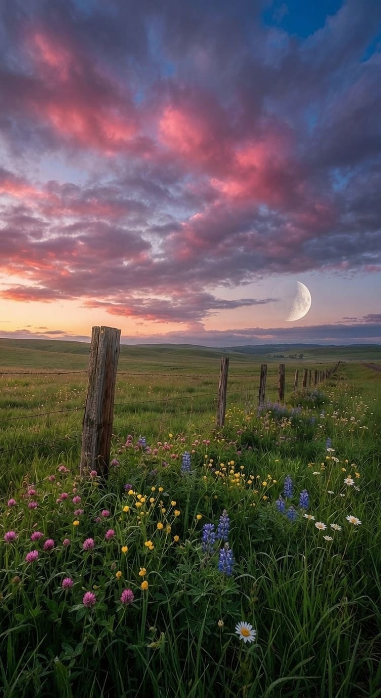 A green meadow of pink, yellow, and blue wildflowers with a wooden fence, under a crescent moon. AI-generated artwork.
