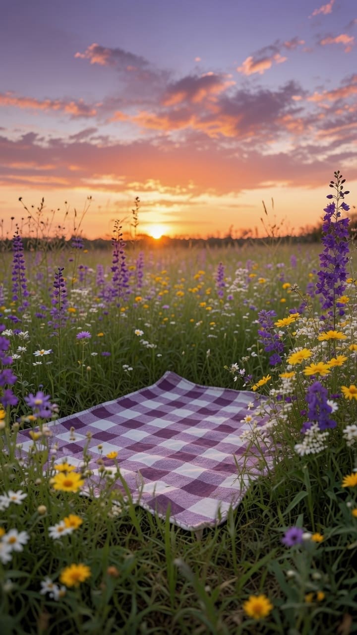A purple and white checkered picnic blanket lies in a field of tall purple flowers and yellow daisies. AI-generated artwork.