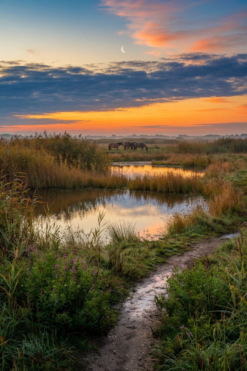 A dirt path leads past marsh pools toward horses grazing in a misty field under a crescent moon. AI-generated artwork.
