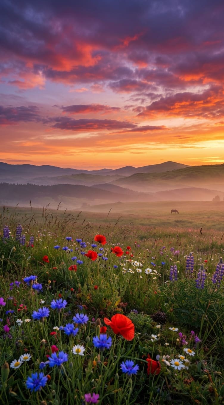 A meadow of red poppies, blue cornflowers, and purple lupines, with a distant horse in mist. AI-generated artwork.