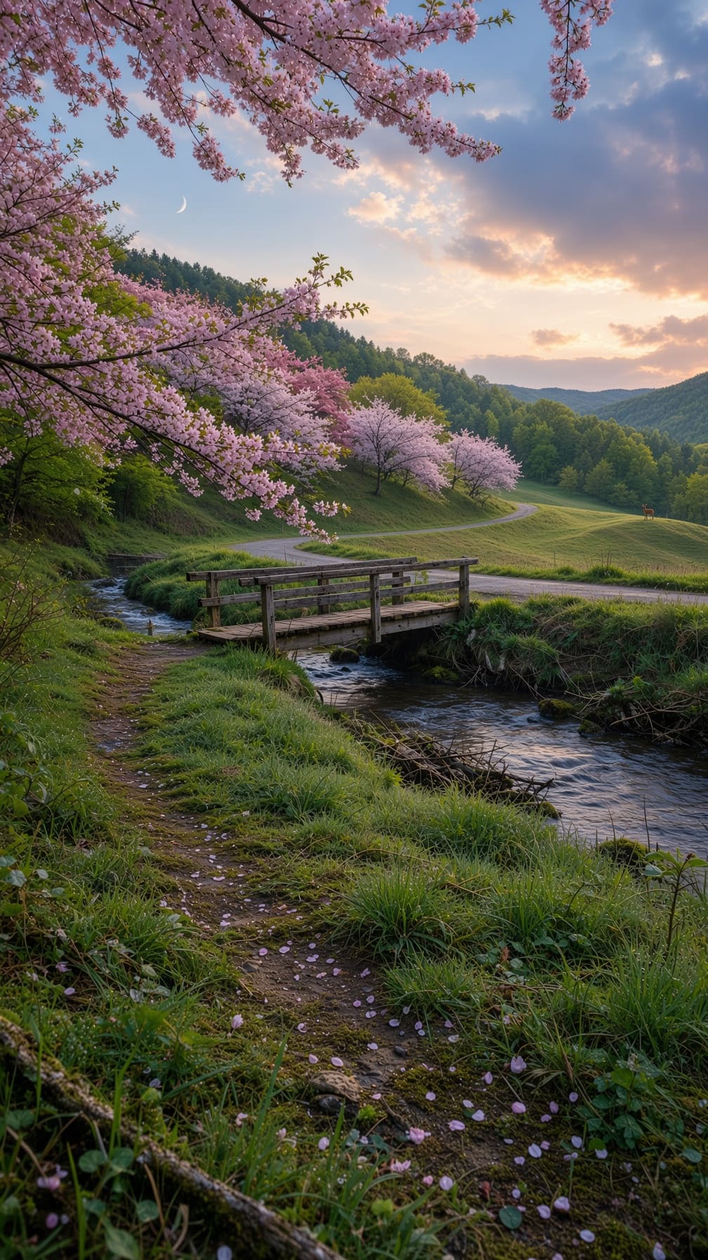 A dirt path with pink petals leads to a wooden footbridge over a stream under cherry blossoms. AI-generated artwork.