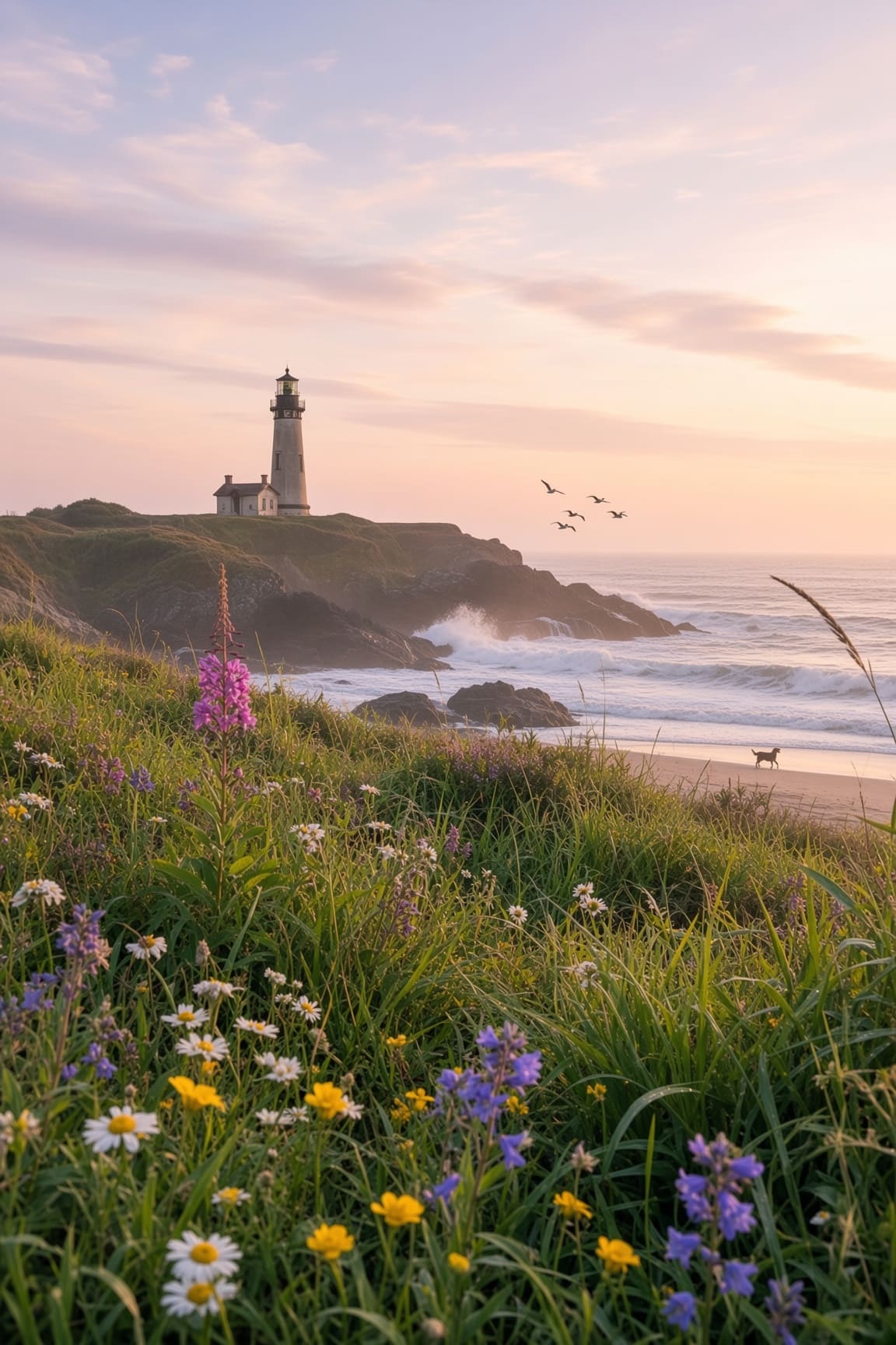 Wildflowers on a grassy hillside overlook a white lighthouse, a sandy beach, and a dog running at the water. AI-generated artwork.