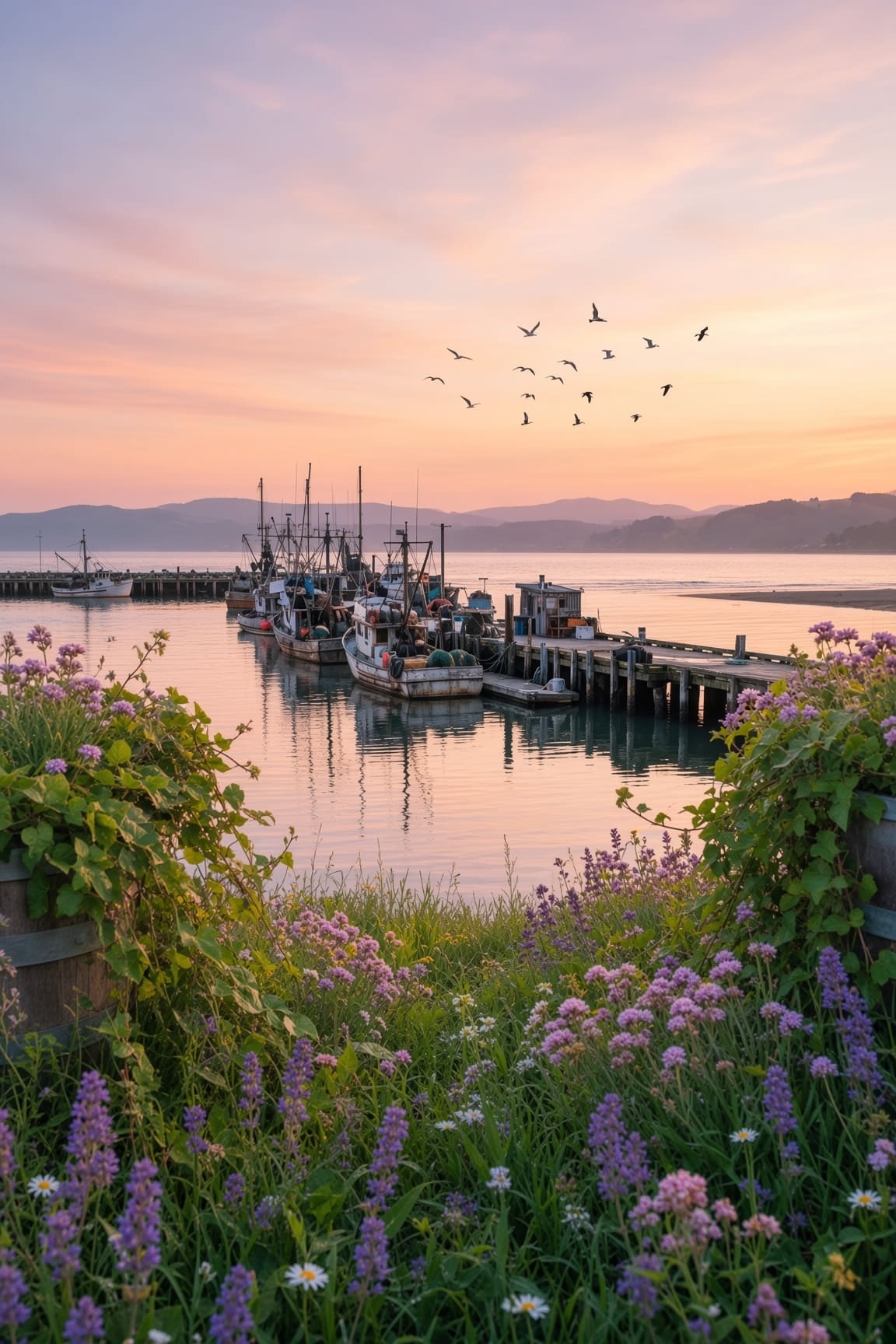 Purple wildflowers overlook a harbor with fishing boats at a wooden pier, still water reflecting a pink sky. AI-generated artwork.