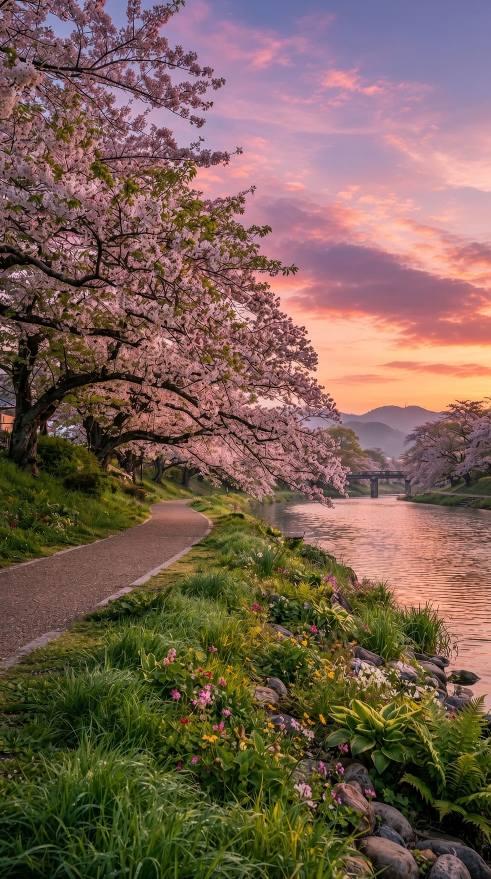 A paved path winds beside a river under blooming cherry trees, with a bridge and an orange-purple sunset. AI-generated artwork.