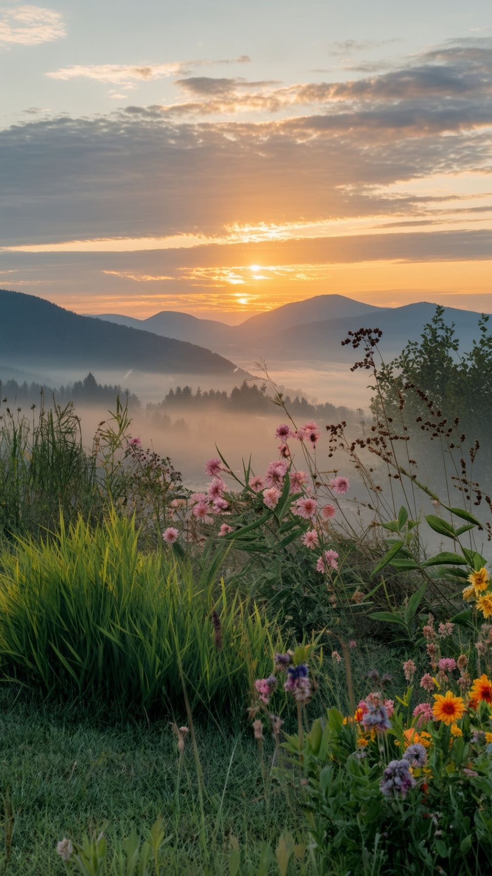 Pink, yellow, and orange wildflowers above a valley filled with white fog, with a sun in a mountain notch. AI-generated artwork.