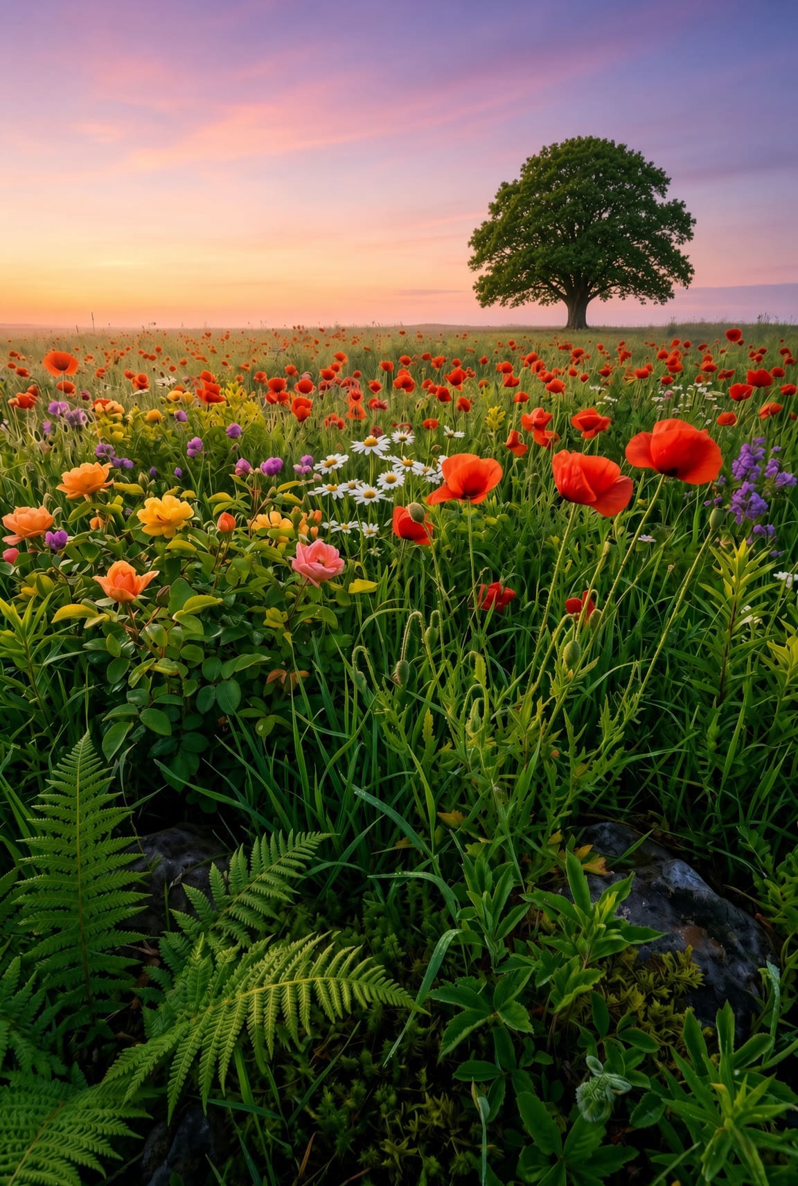 A green field of red poppies, yellow roses, and white daisies leading to a single large tree under a pink sunset. AI-generated artwork.