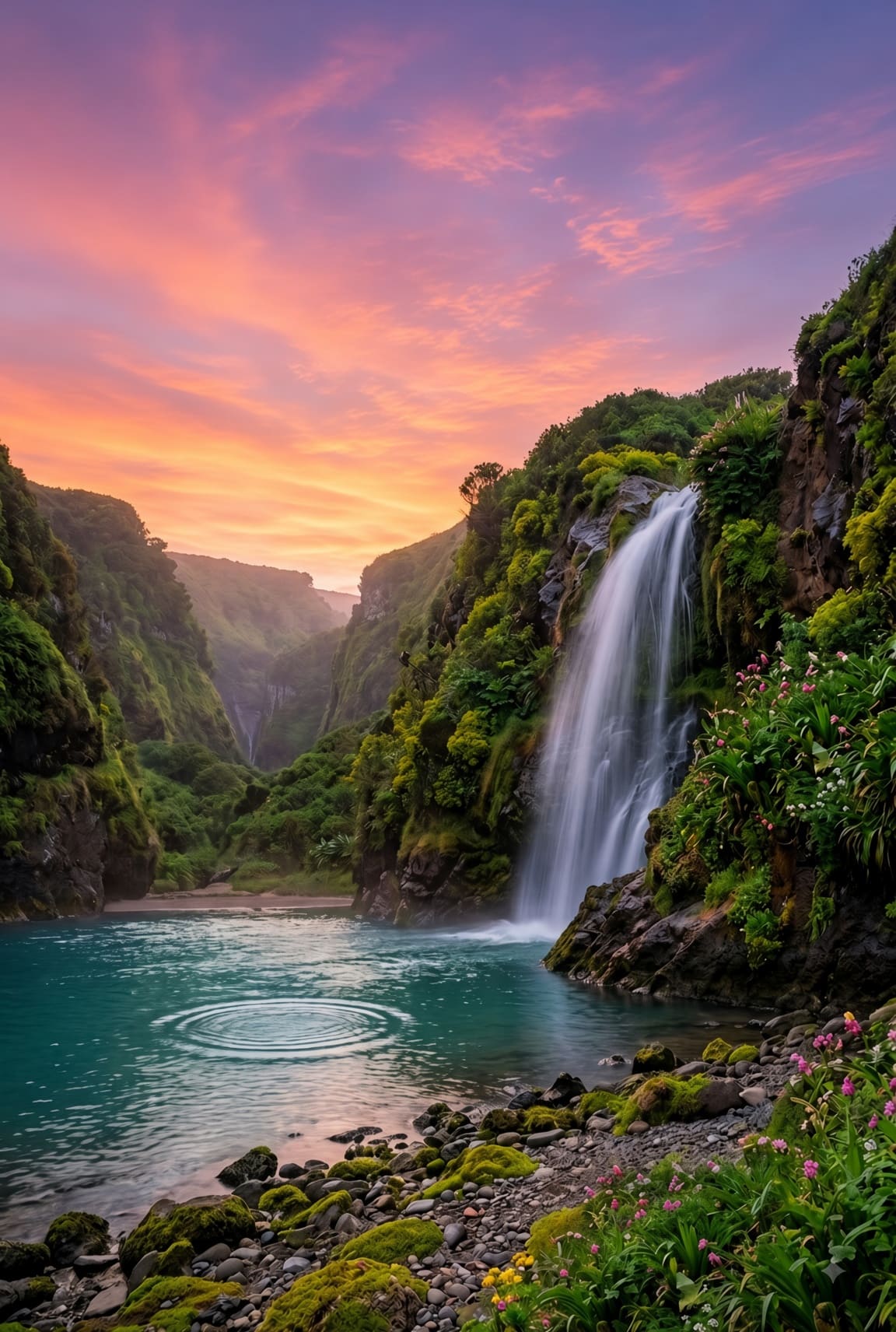 A waterfall falling from a mossy green cliff into a turquoise pool under a pink and orange sunset. AI-generated artwork.