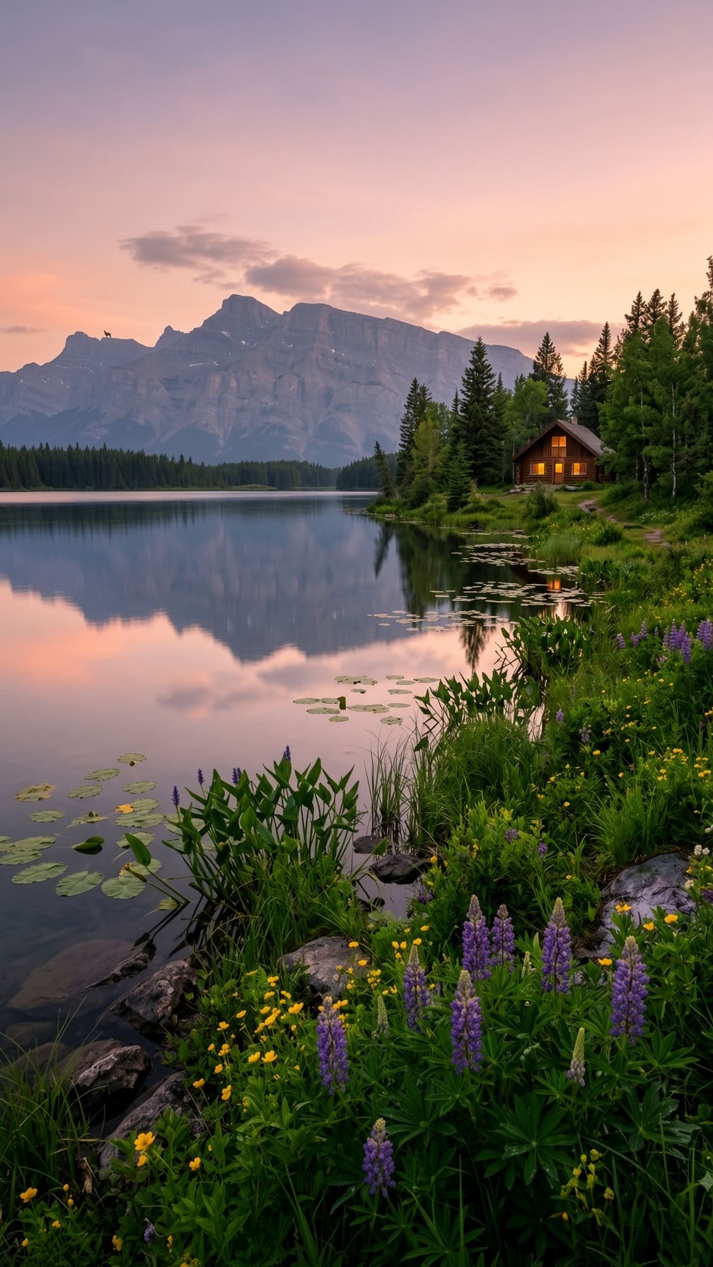 A wooden cabin with glowing windows sits beside a still mountain lake, with purple lupines in the foreground. AI-generated artwork.