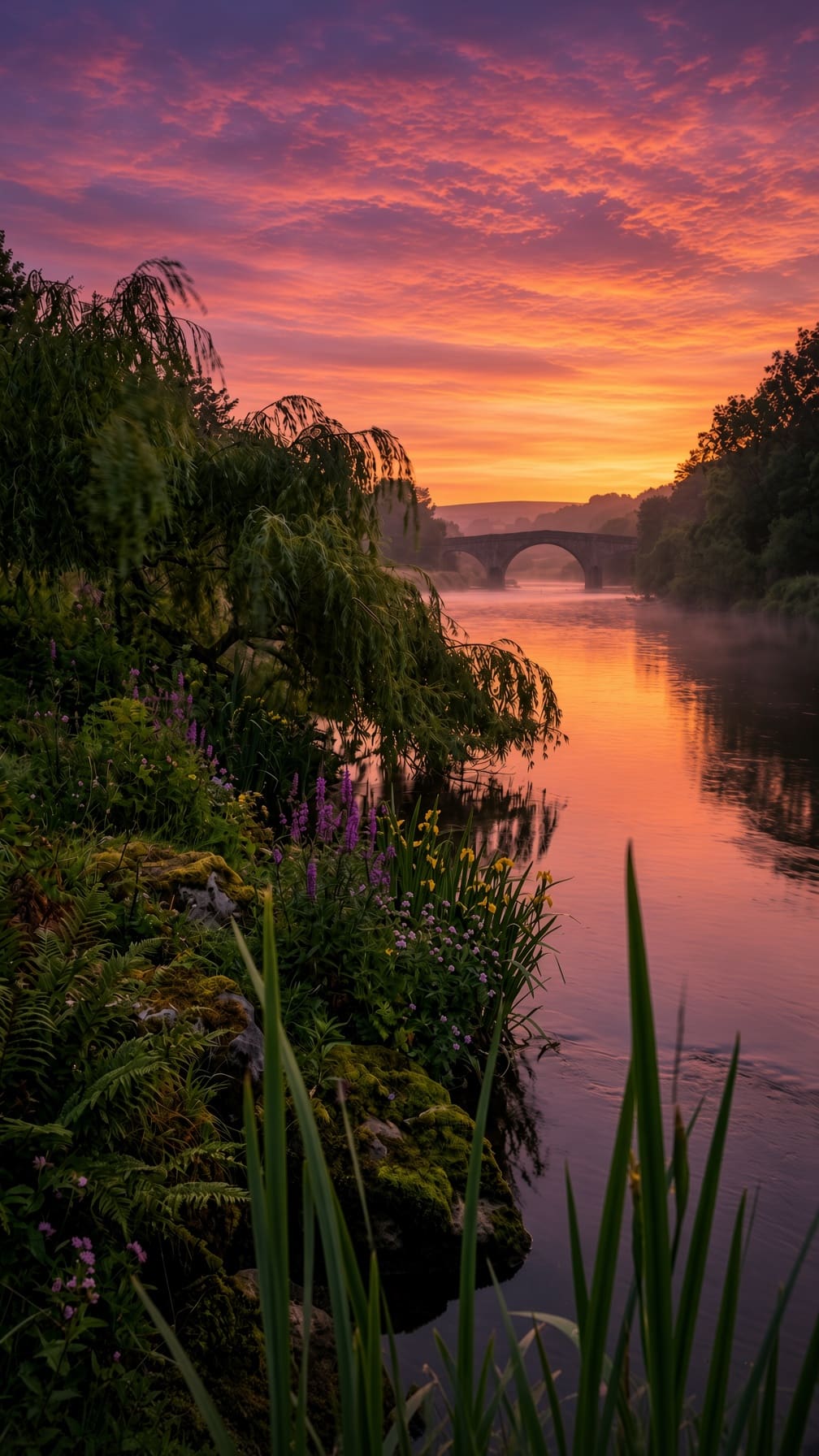 A calm river with a mossy bank of ferns and purple flowers, a weeping willow, and a stone arch bridge. AI-generated artwork.