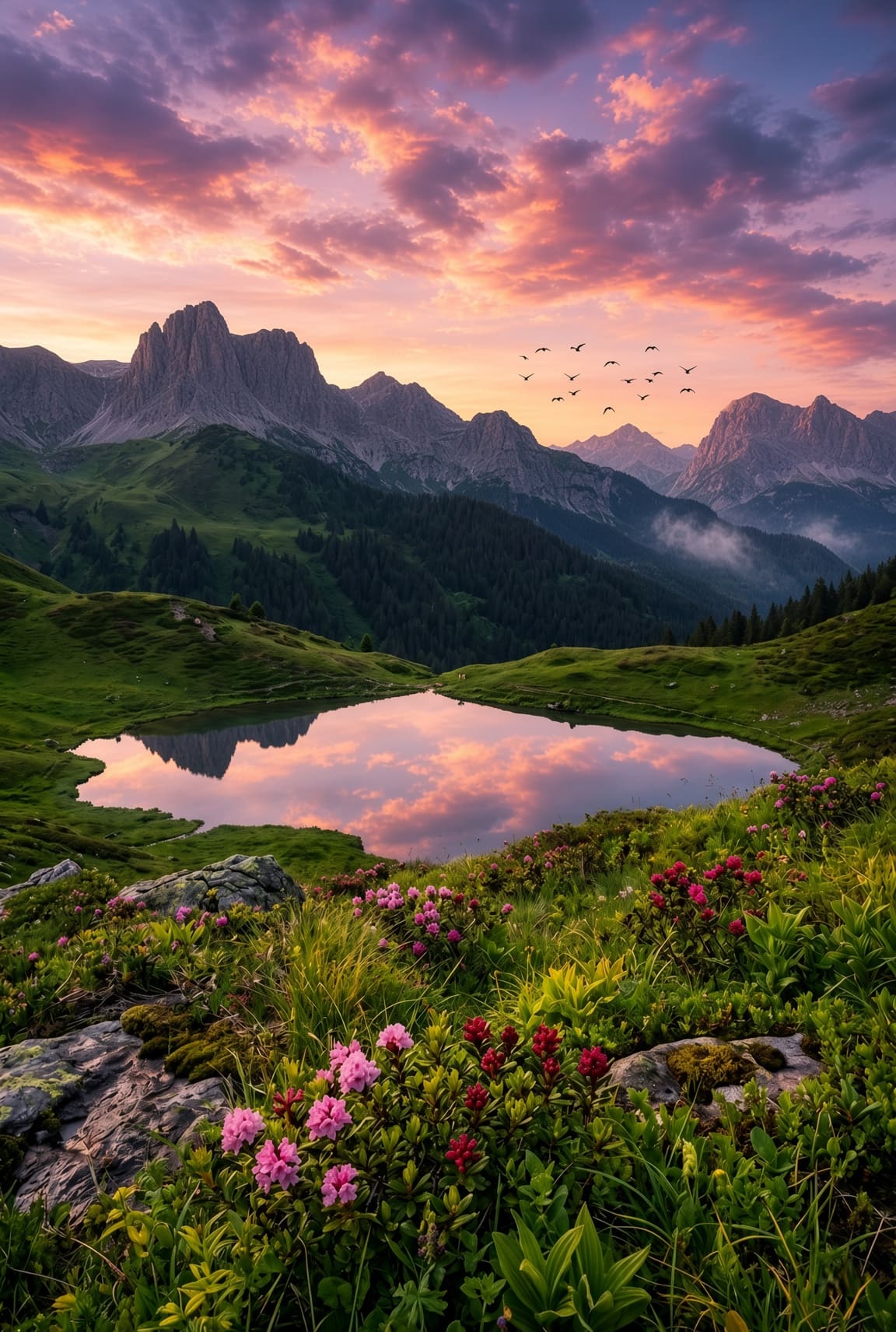 A green alpine meadow with pink and red wildflowers in front of a still mountain lake reflecting a pink sky. AI-generated artwork.