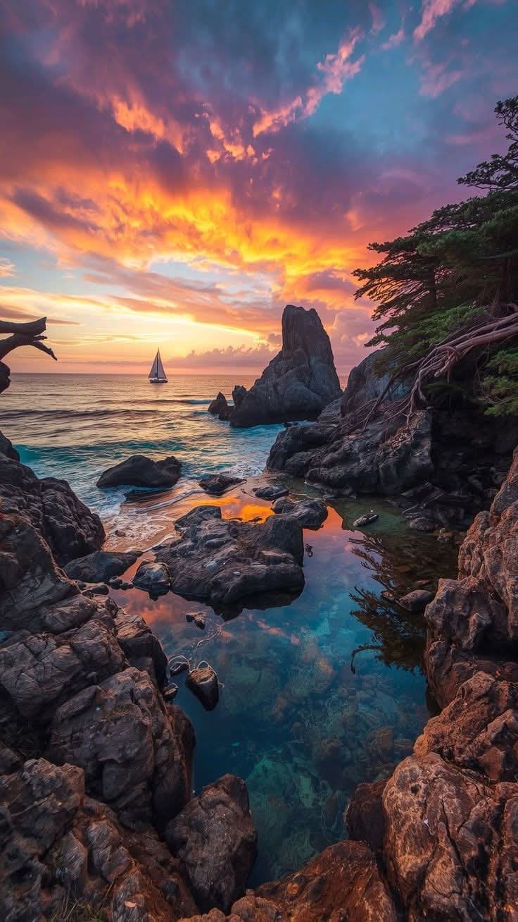 A rocky coastline at sunset with a sailboat on the horizon and a clear pool reflecting orange and purple clouds. Sunset photograph.